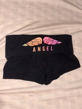 Victoria's Secret Black Fold-Over Bike Shorts with Pastel Wing Graphic